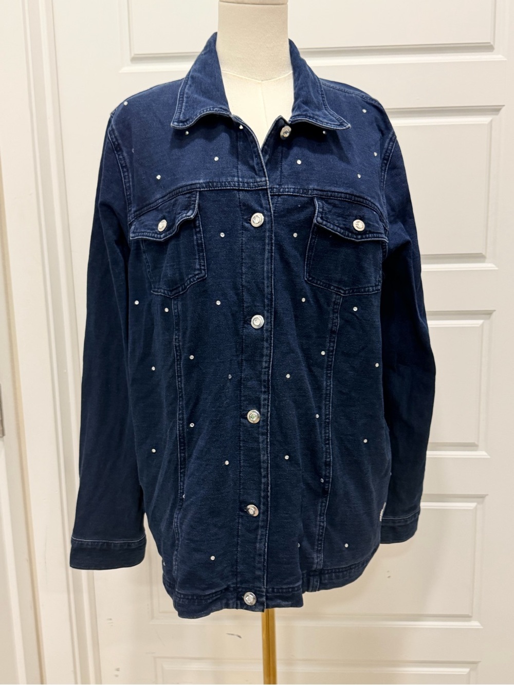 Dark Blue Rhinestone Embellished Stretch Denim Jacket - Women
